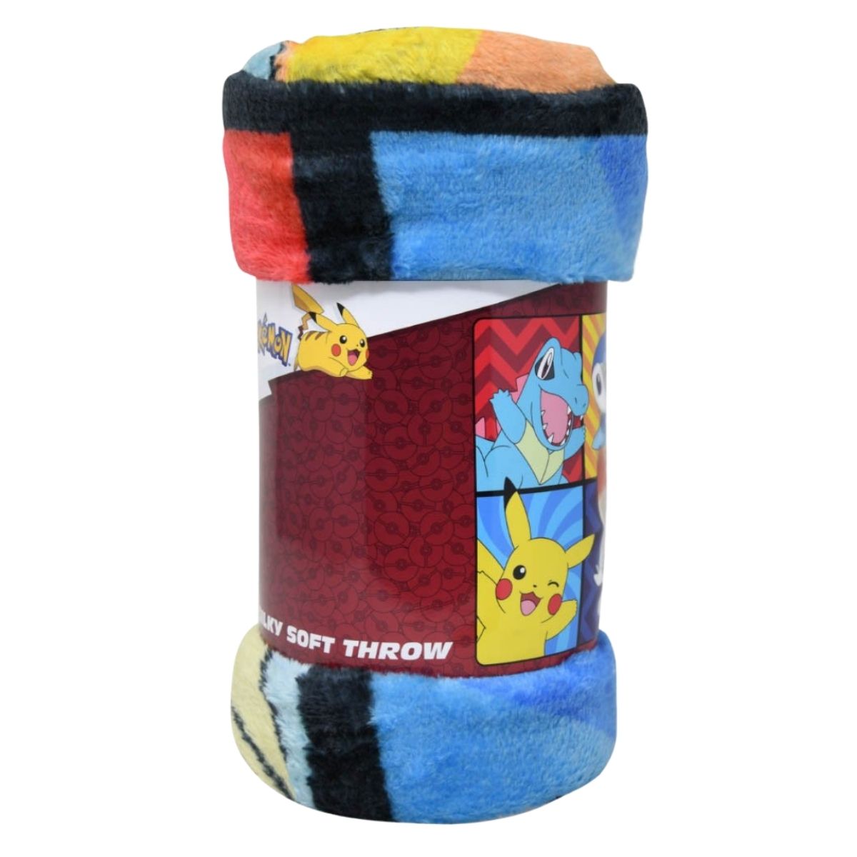 Close-up view of the rolled-up Pokemon silky fleece throw blanket showing its soft, colorful texture and the printed packaging band.