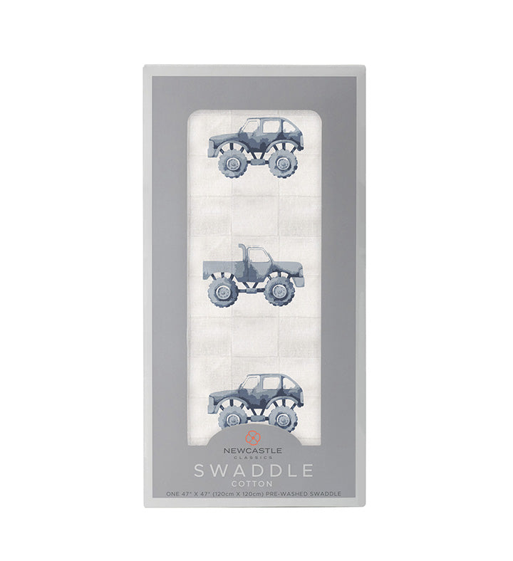 Indigo Monster Trucks 100% Natural Cotton Muslin Swaddle Blanket