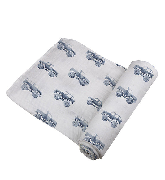Indigo Monster Trucks 100% Natural Cotton Muslin Swaddle Blanket