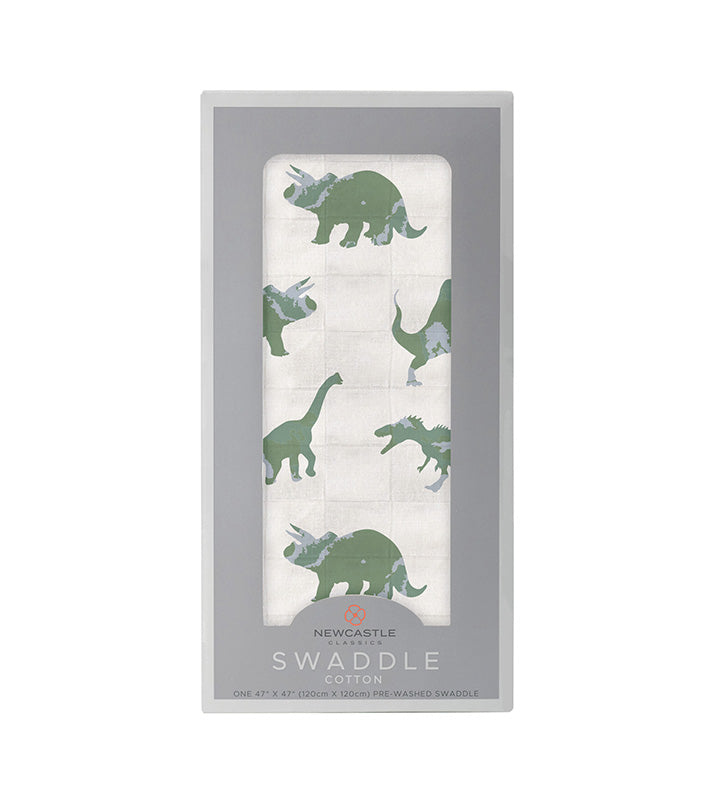 Granite Green Dinosaurs 100% Natural Cotton Muslin Swaddle Blanket