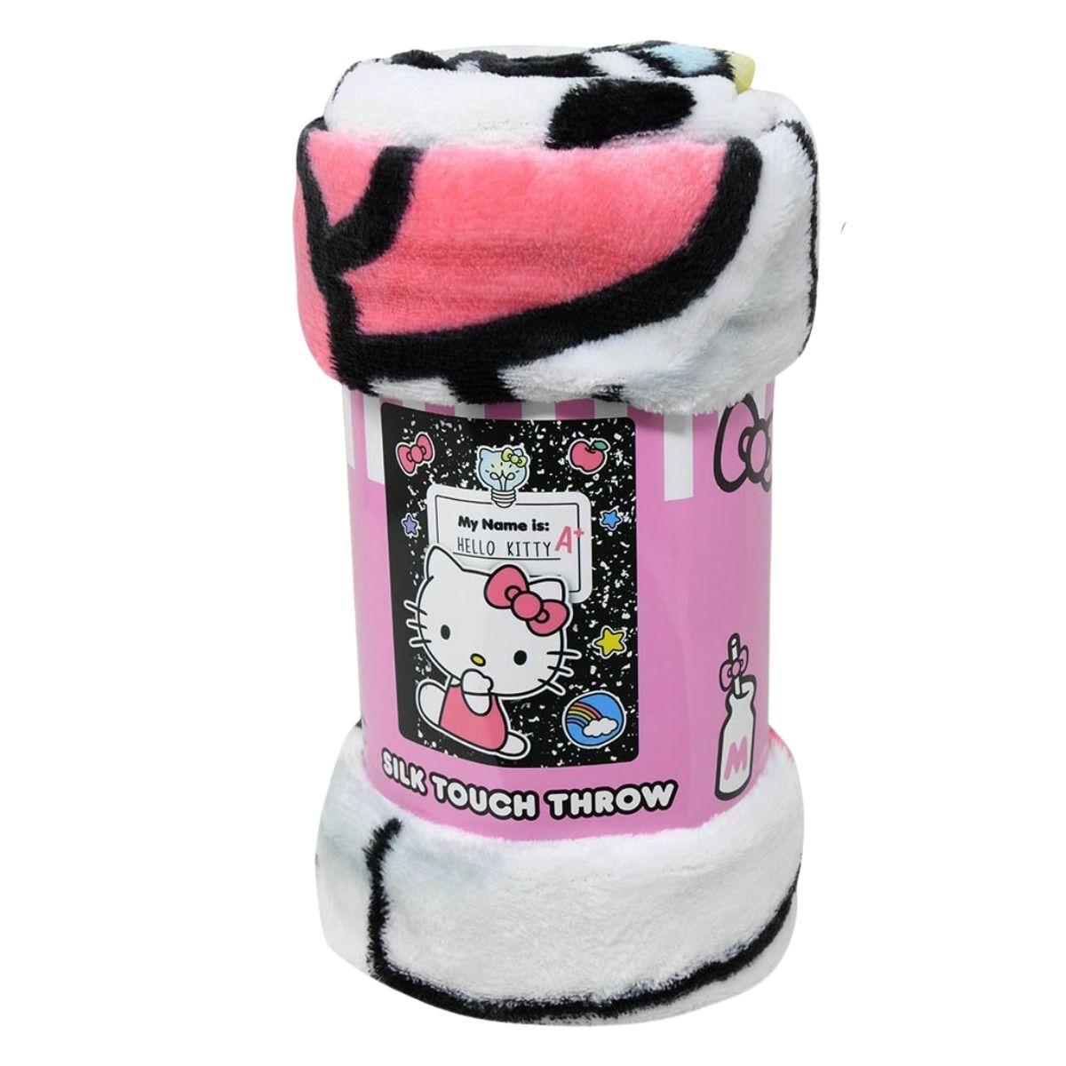 The Hello Kitty fleece throw blanket tightly rolled and packaged with a pink Sanrio branded paper wrap.