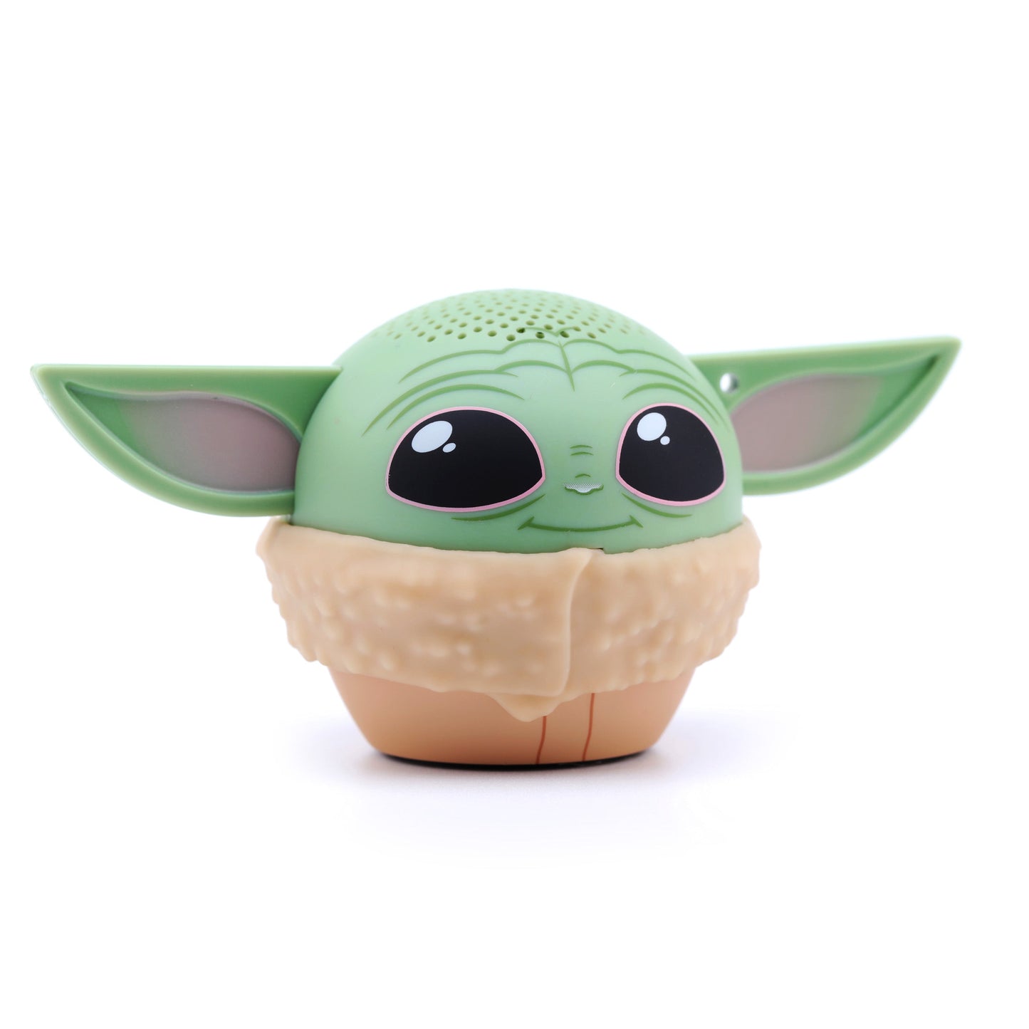 Straight front view of the Grogu Bluetooth speaker showing his adorable face, green ears, and top speaker grill.