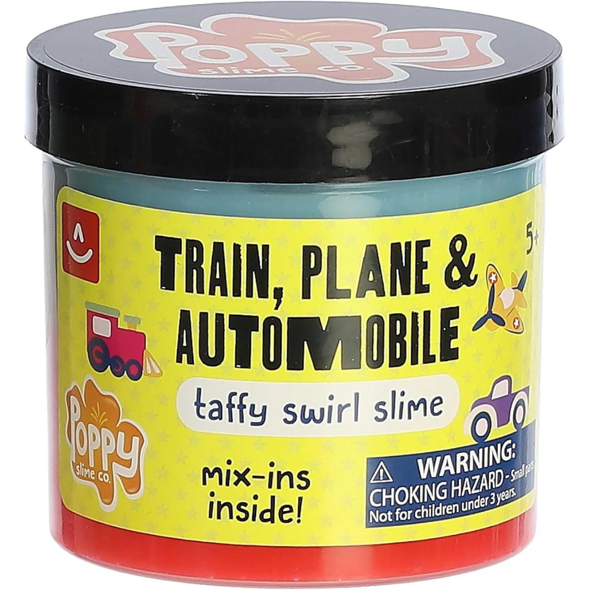 Front view of the sealed Poppy Slime Co. Train, Plane & Automobile Taffy Swirl Slime jar showing the blue slime inside, a yellow label, and the black twist-off lid.