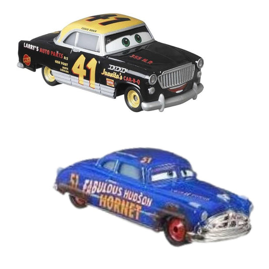 Disney Pixar Cars Scale 1:55 2 Pack Die-Cast Car Vehicle, Dirt Track Fabulous Hudson Hornet & Clovis Rider