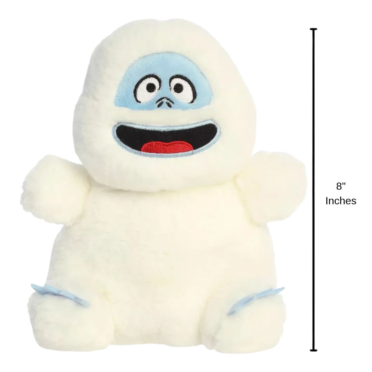 Aurora Bumble the Abominable Snow Monster plush toy with 8-inch vertical height scale measurement bar.