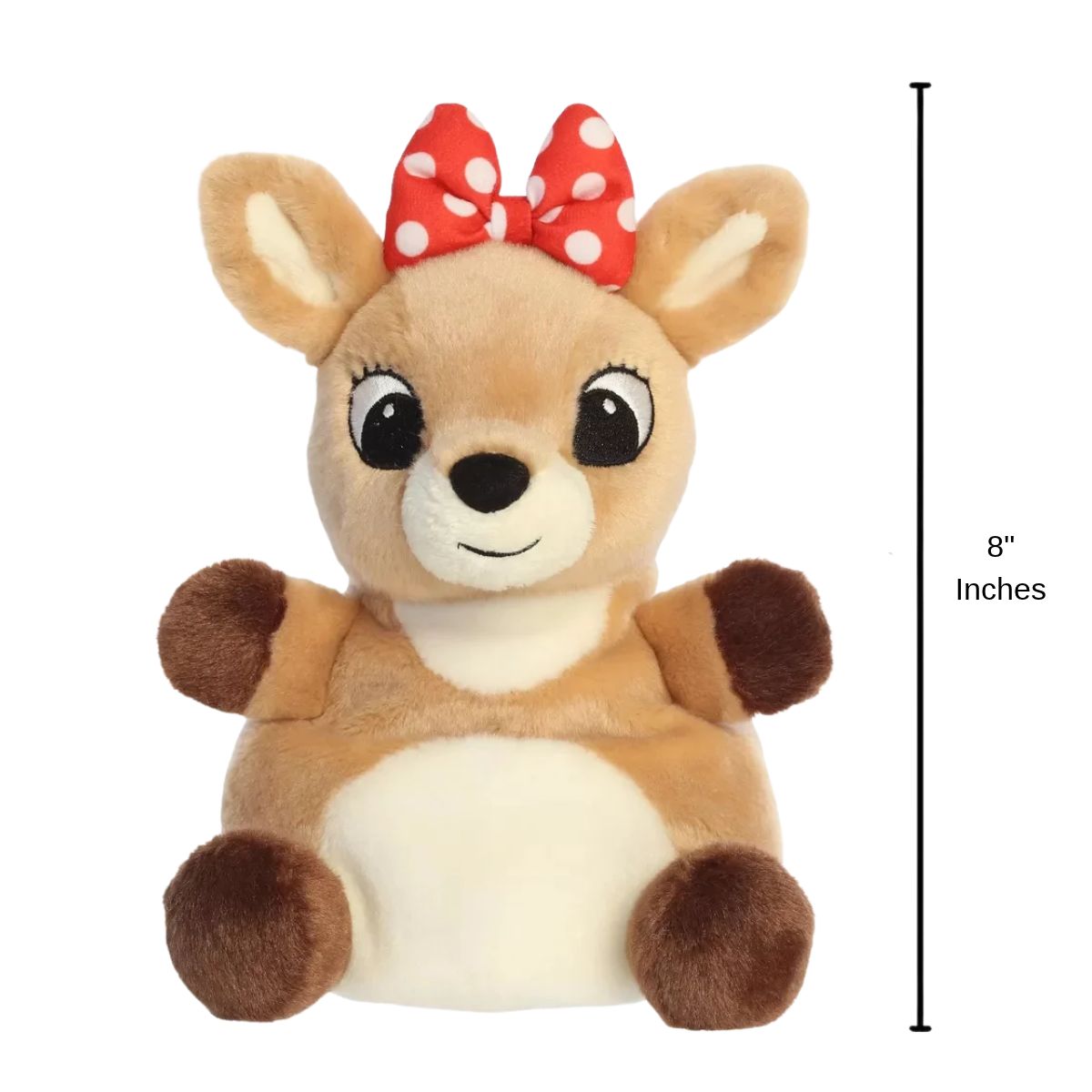 Aurora Clarice Rudolph the Red-Nosed Reindeer plush toy with 8-inch vertical height scale measurement bar.