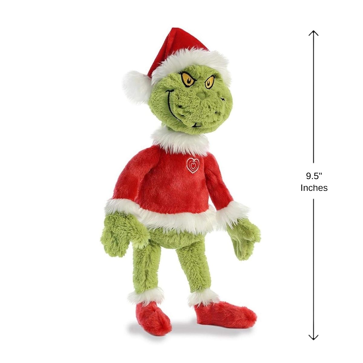 Full standing view thumbnail of the Grinch Santa plush standing next to a height measurement graphic indicator.