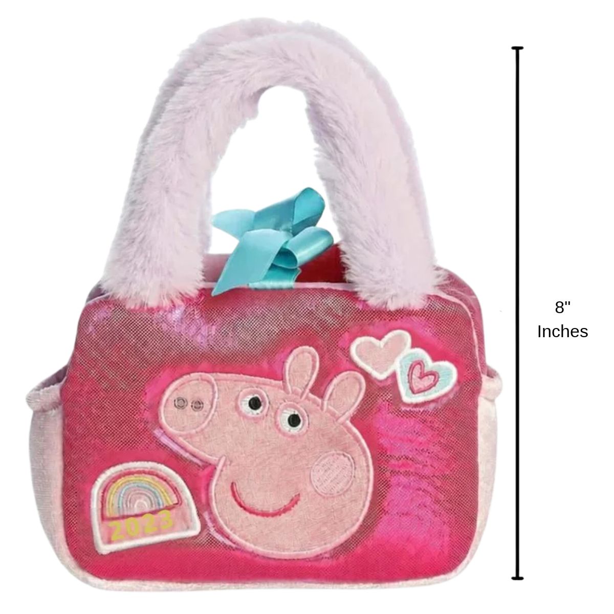 Aurora Fancy Pals Peppa Pig Patches plush purse with an 8-inch height scale measurement graphic.