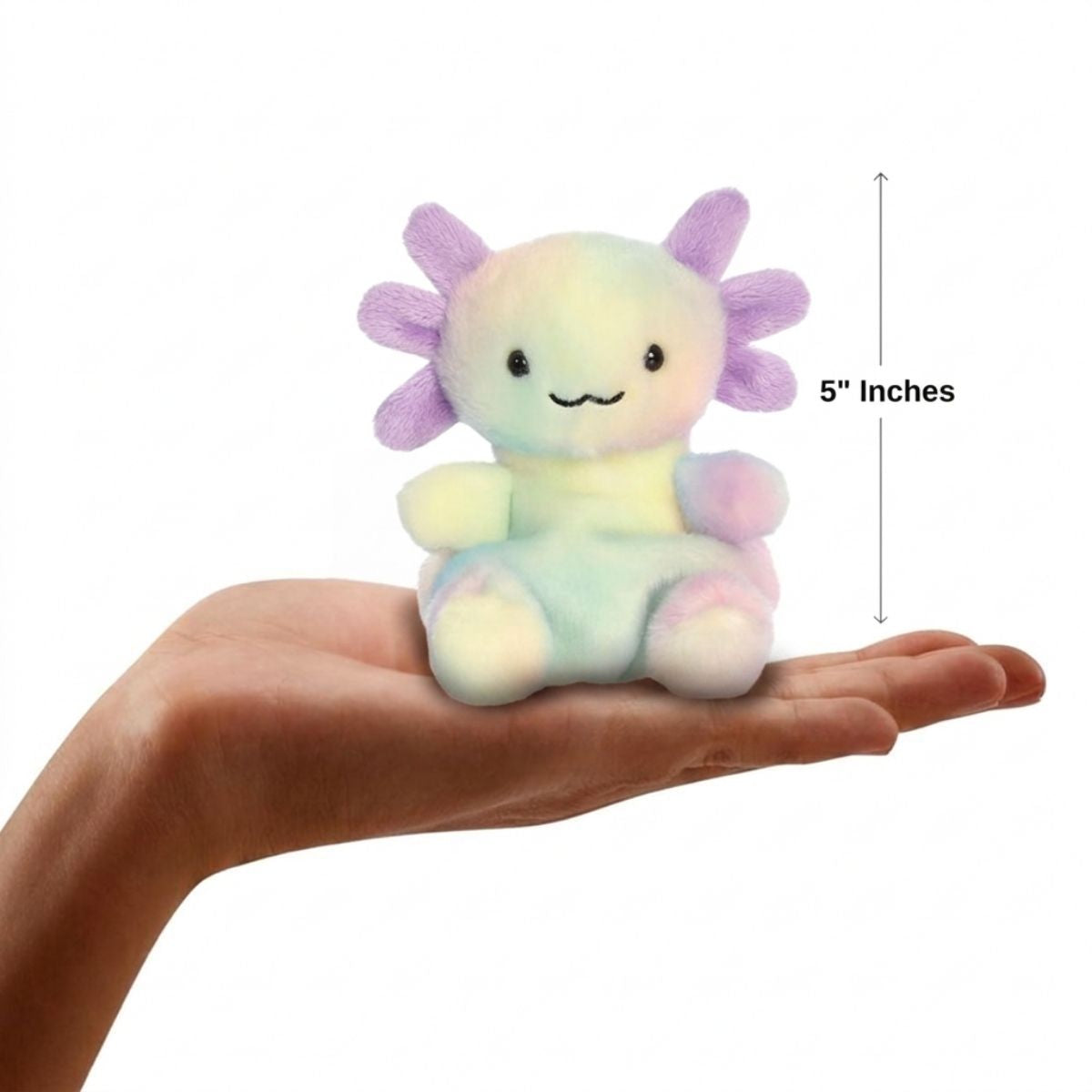 Scale thumbnail showing Xochitl Rainbow Axolotl plush sitting in an open hand next to a 5-inch height measurement graphic indicator.