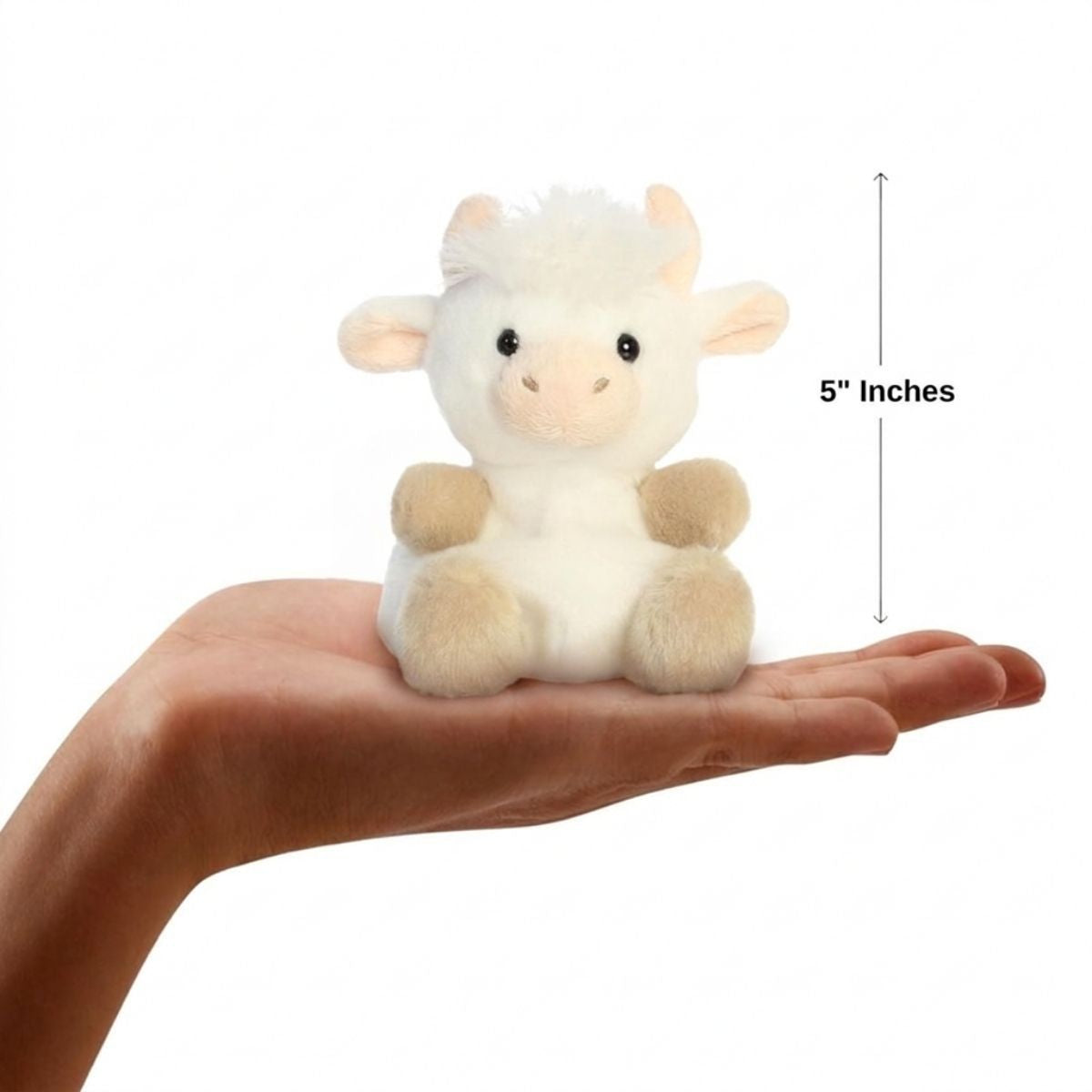 Scale thumbnail showing Halleigh Highland Cow plush sitting in an open hand next to a 5-inch height measurement graphic indicator.