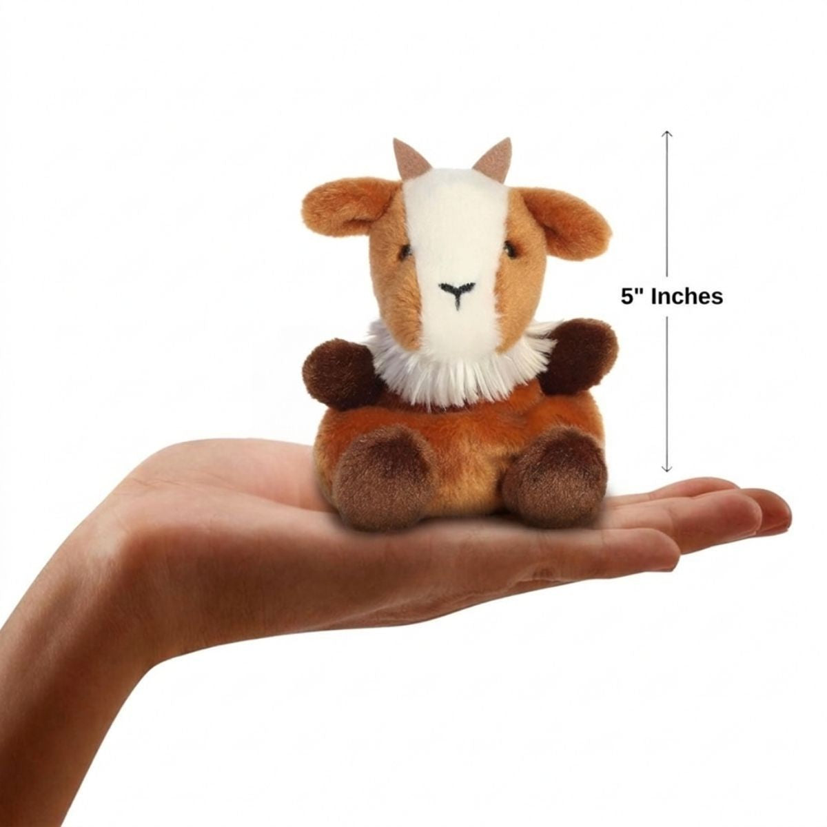 Scale thumbnail showing Meadow Goat plush sitting in an open hand next to a 5-inch height measurement graphic indicator.