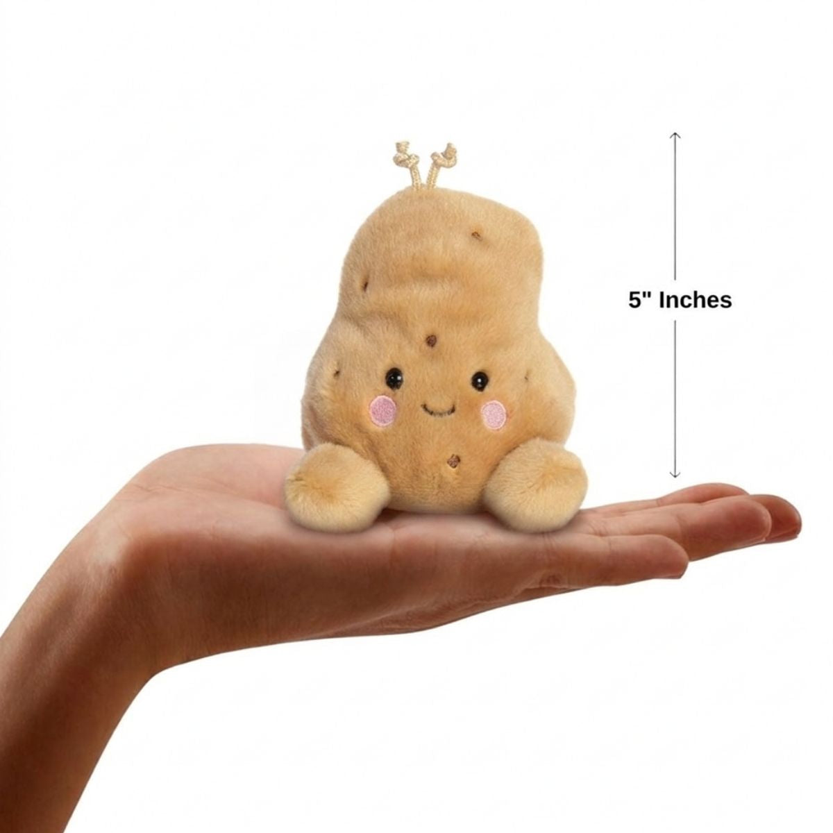 Scale thumbnail showing Spudrick Potato plush sitting in an open hand next to a 5-inch height measurement graphic indicator.