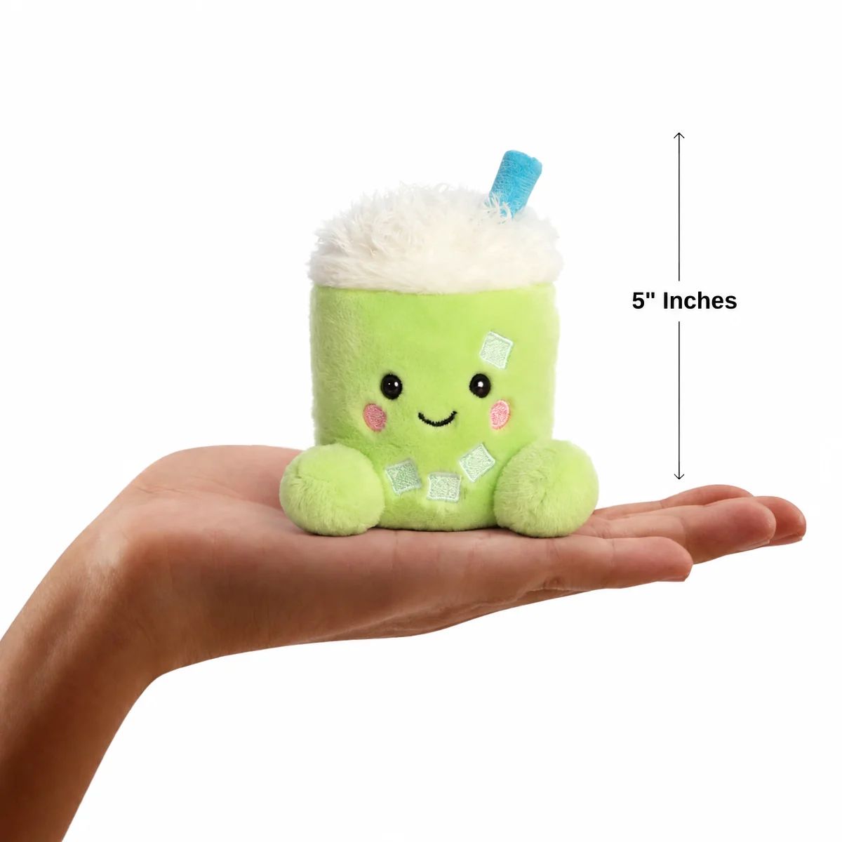 Aurora Palm Pals Jade Iced Matcha Latte plush resting in a palm with 5-inch vertical height scale measurement bar.