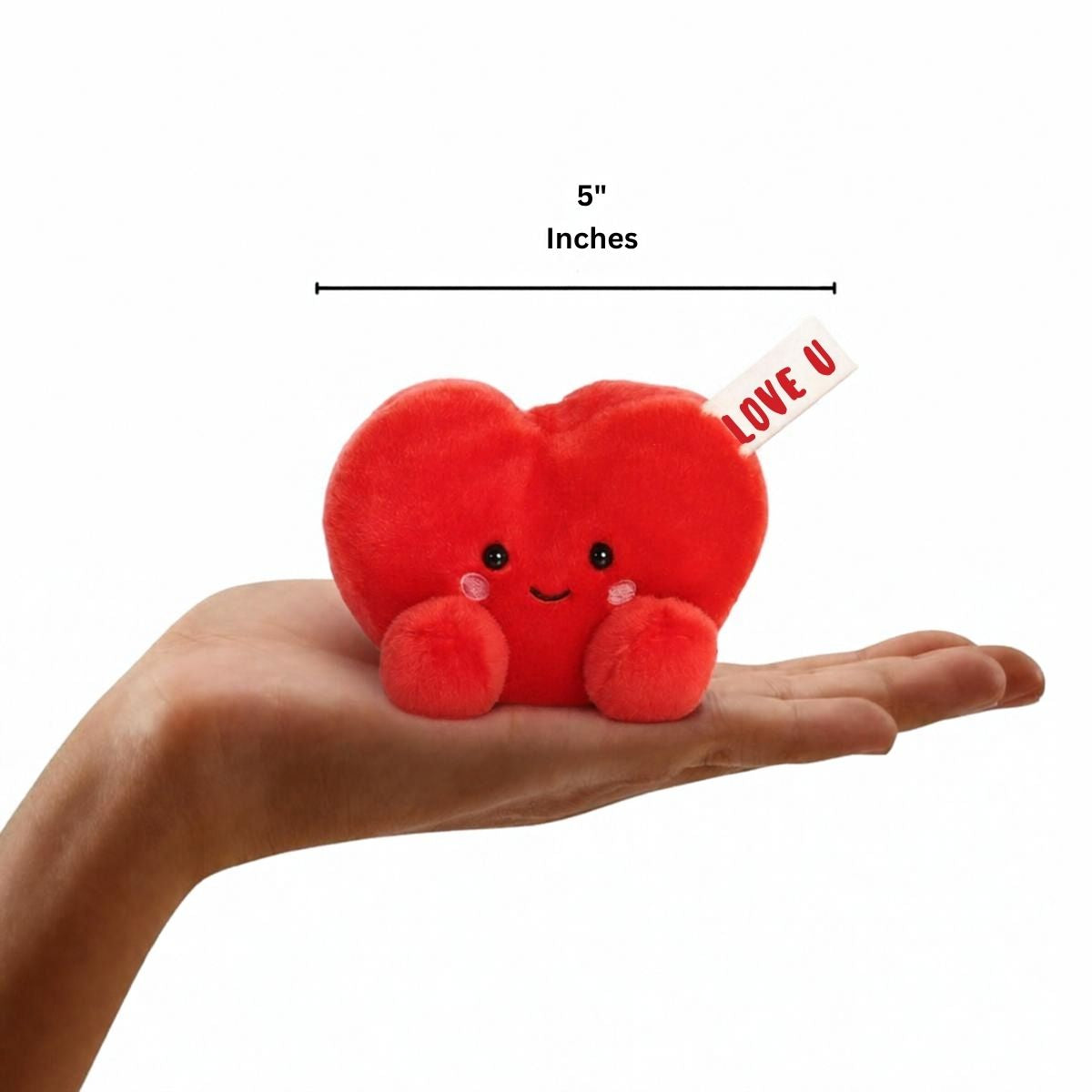 Aurora Palm Pals 5-inch Love You Note Heart plush resting in the palm of an open hand.