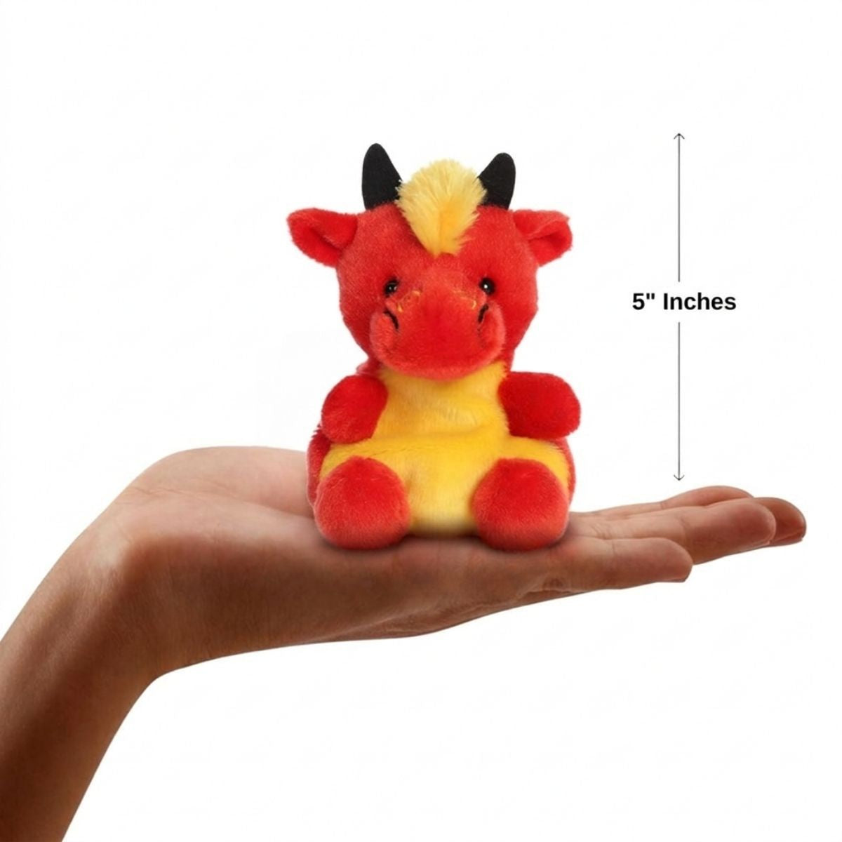 Scale thumbnail showing Bruce Chinese Dragon plush sitting in an open hand next to a 5-inch height measurement graphic indicator.
