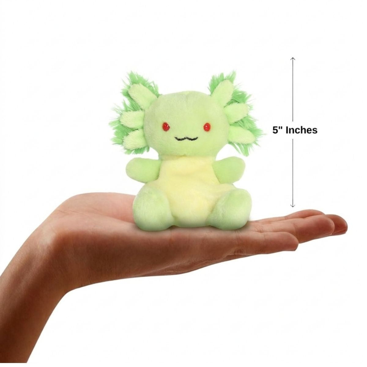 Scale thumbnail showing Ecto Radioactive Axolotl plush sitting in an open hand next to a 5-inch height measurement graphic indicator.