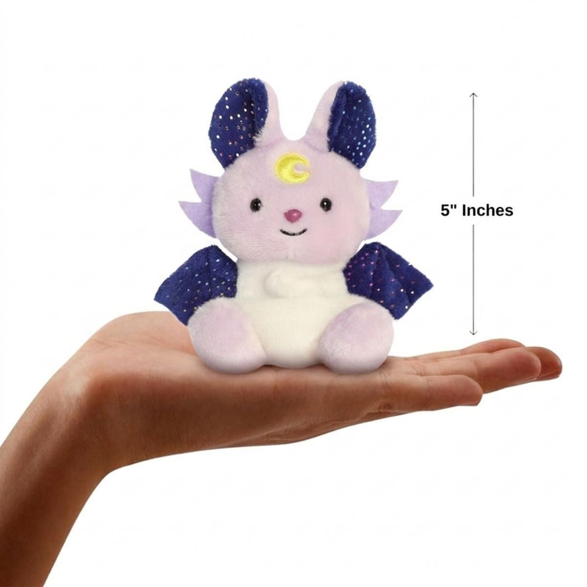 Scale thumbnail showing Nora Night Beast plush sitting in an open hand next to a 5-inch height measurement graphic indicator.