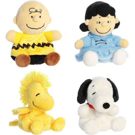 Front view thumbnail of 4-piece Aurora Palm Pals Peanuts plush set showing Charlie Brown, Lucy, Woodstock, and Snoopy.