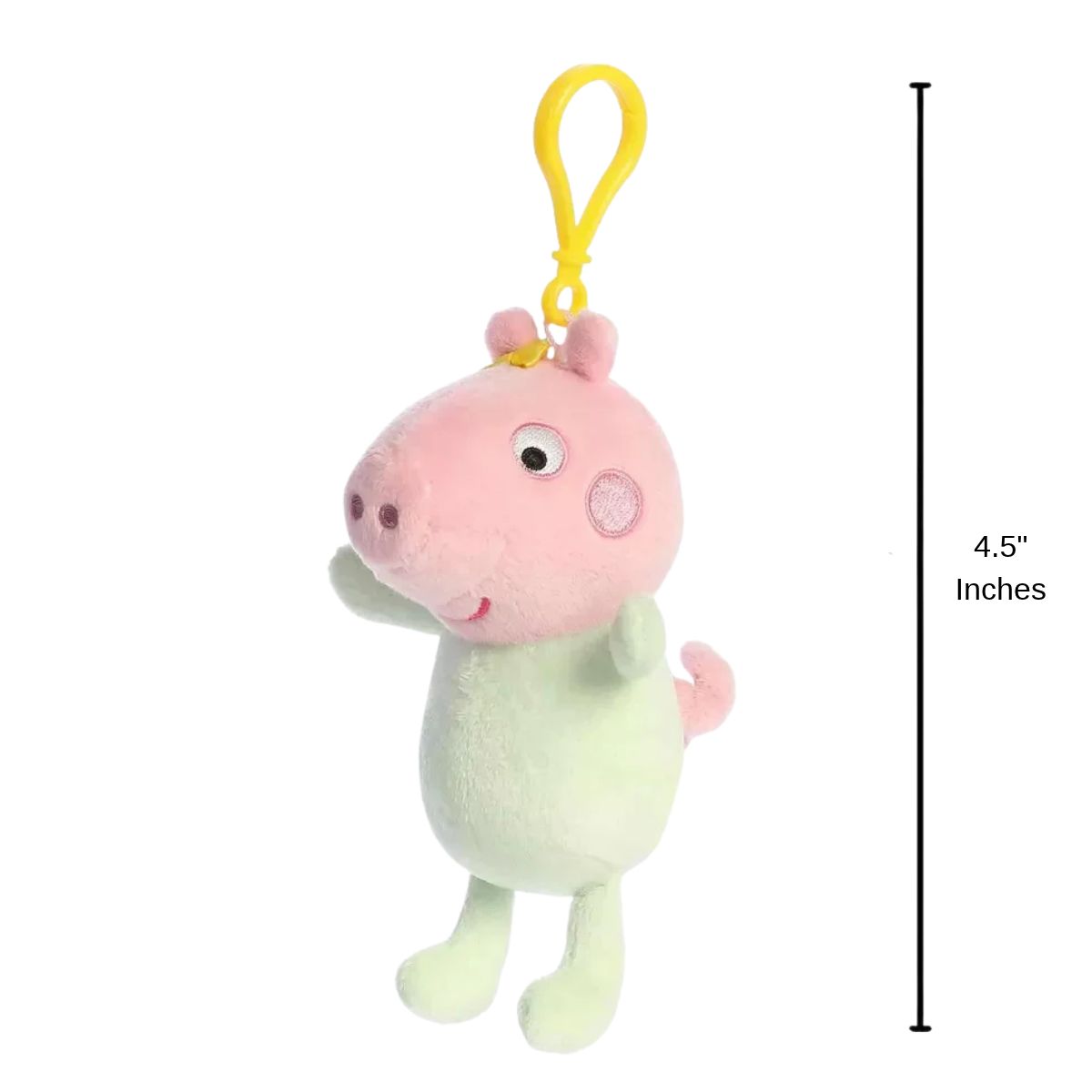 Aurora Palm Pals Peppa Pig Baby Evie clip-on plush with 4.5-inch vertical height scale measurement bar.