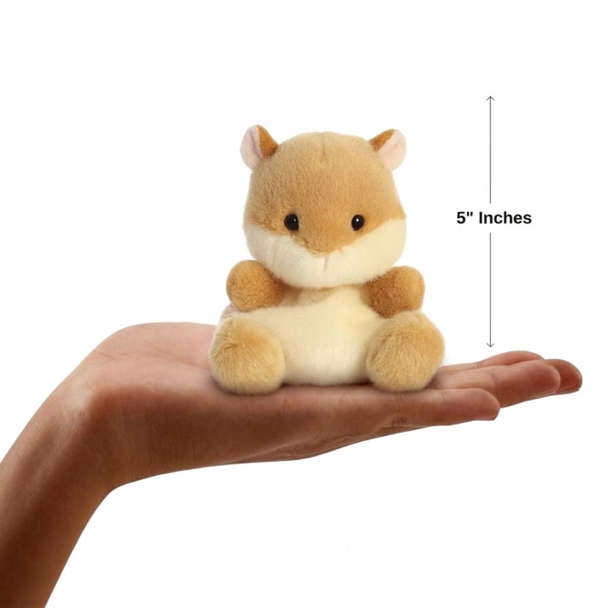 Scale thumbnail showing Happy Hamster plush sitting in an open hand next to a 5-inch height measurement graphic indicator.