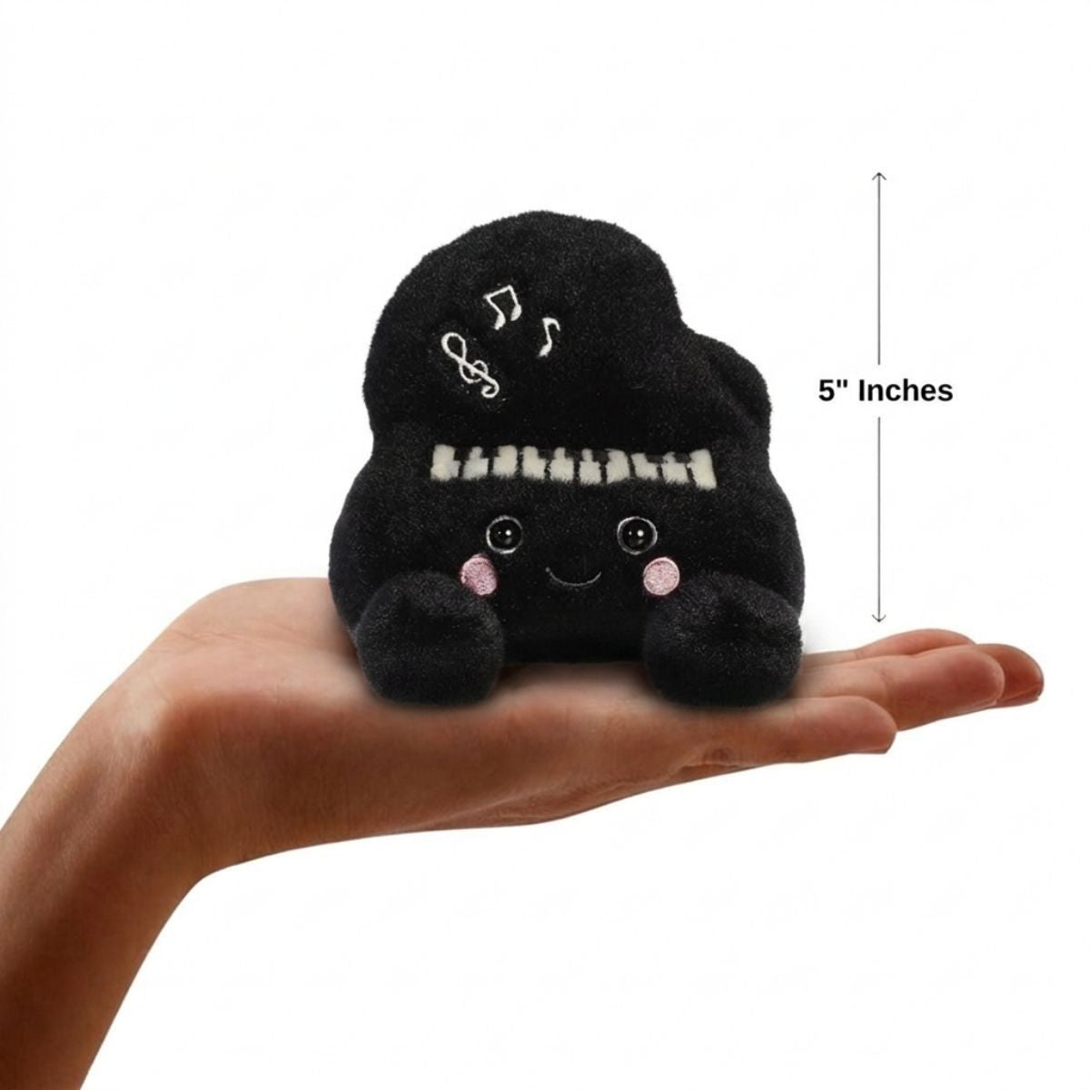 Scale thumbnail showing Ragtime Piano plush sitting in an open hand next to a 5-inch height measurement graphic indicator.