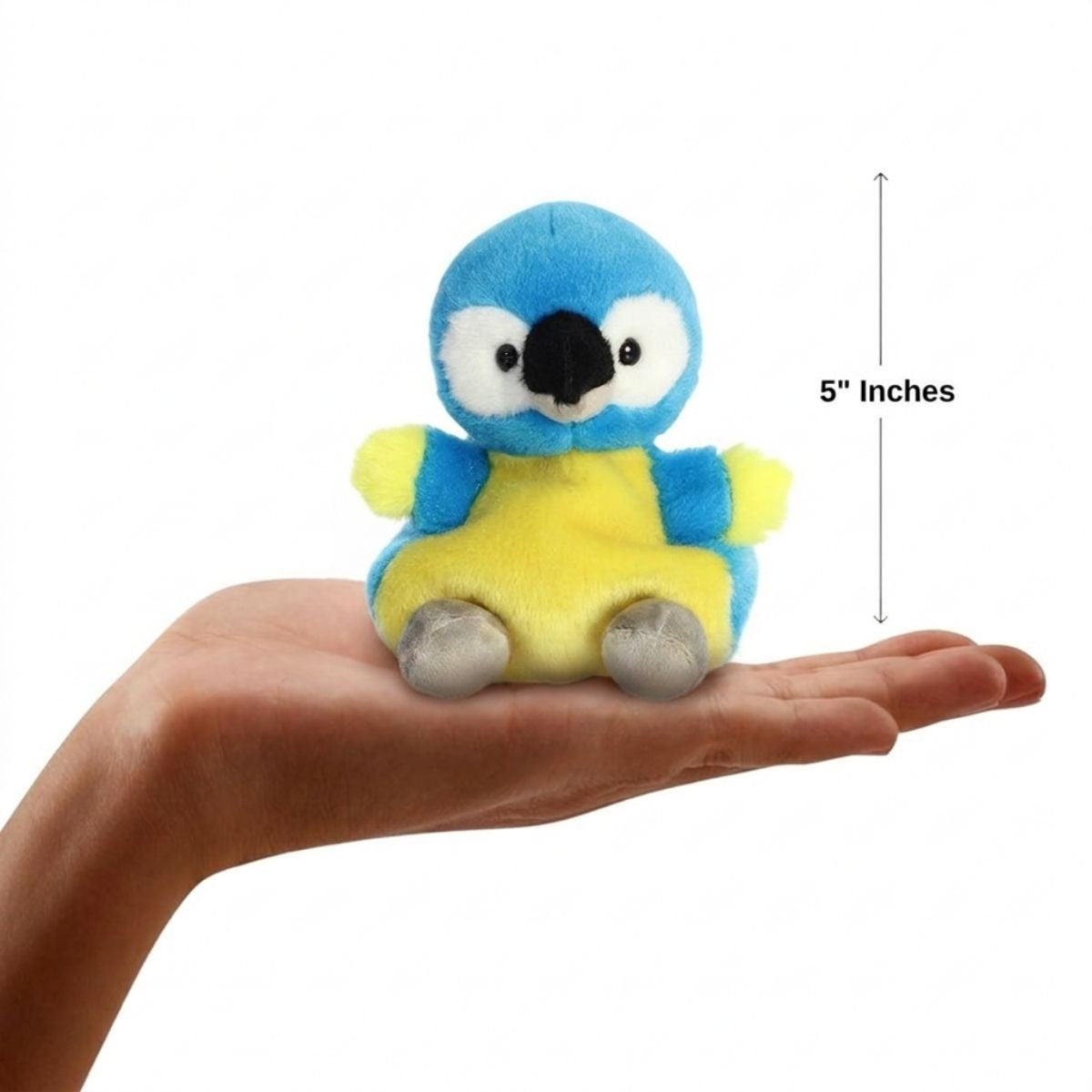Scale thumbnail showing Blues Macaw plush sitting in an open hand next to a 5-inch height measurement graphic indicator.