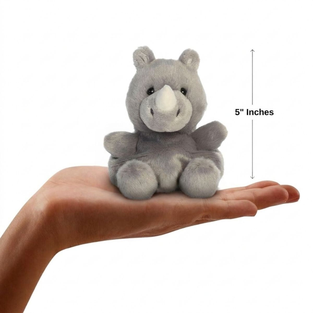 Scale thumbnail showing Jambo Rhino plush sitting in an open hand next to a 5-inch height measurement graphic indicator.