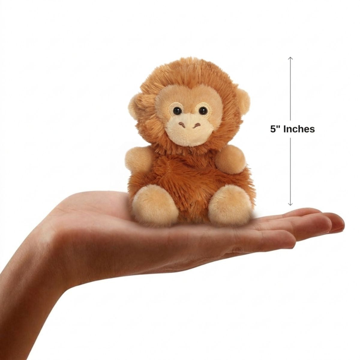 Scale thumbnail showing Karen Orangutan plush sitting in an open hand next to a 5-inch height measurement graphic indicator.