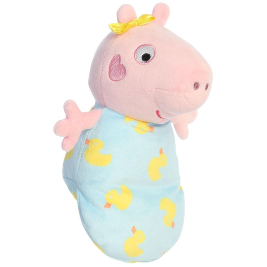 Three-quarter angle view thumbnail of Baby Evie plush in her duck-patterned blue swaddle.