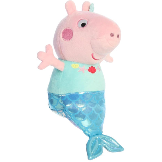 Three-quarter angle view thumbnail of Peppa Pig Mermaid plush showcasing shiny tail scales and seashell ear accent.