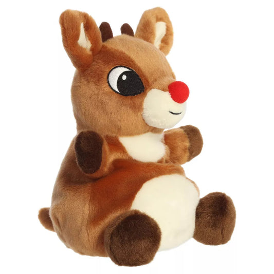 Three-quarter seated view of Aurora Rudolph plush showing dark brown hooves, white chest, and red nose.