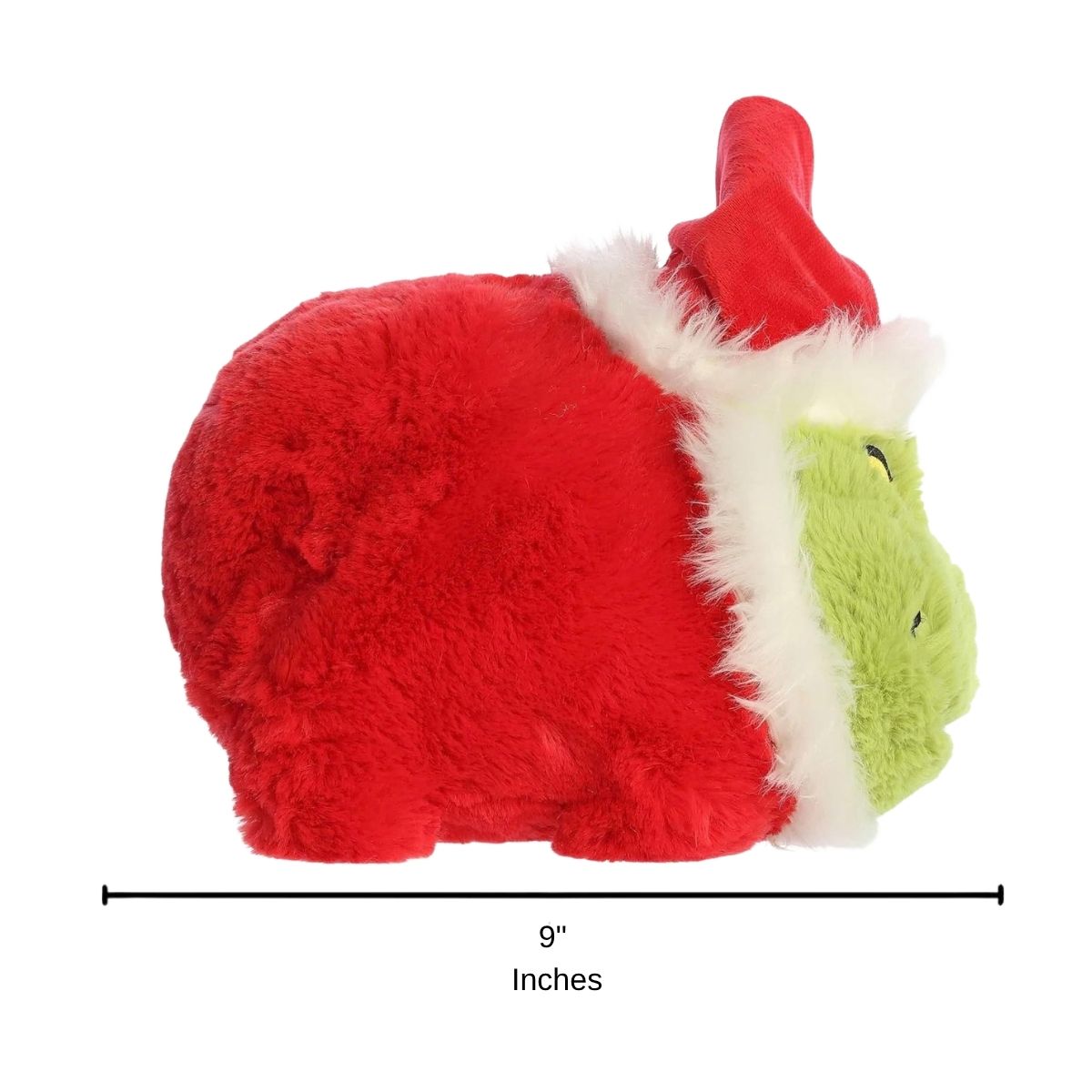 Side profile view of Aurora Spudsters Santa Grinch plush toy with 9-inch length scale indicator.