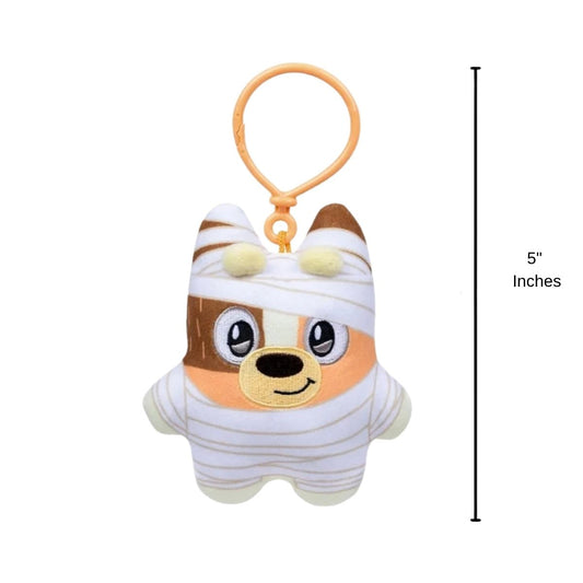 Bluey Biscuits Halloween Mummy Chilli plush clip with 5.3-inch height scale indicator.