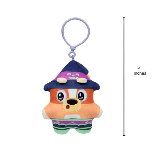 Bluey Biscuits Halloween Witch Bingo plush clip with 5.3-inch height scale indicator.