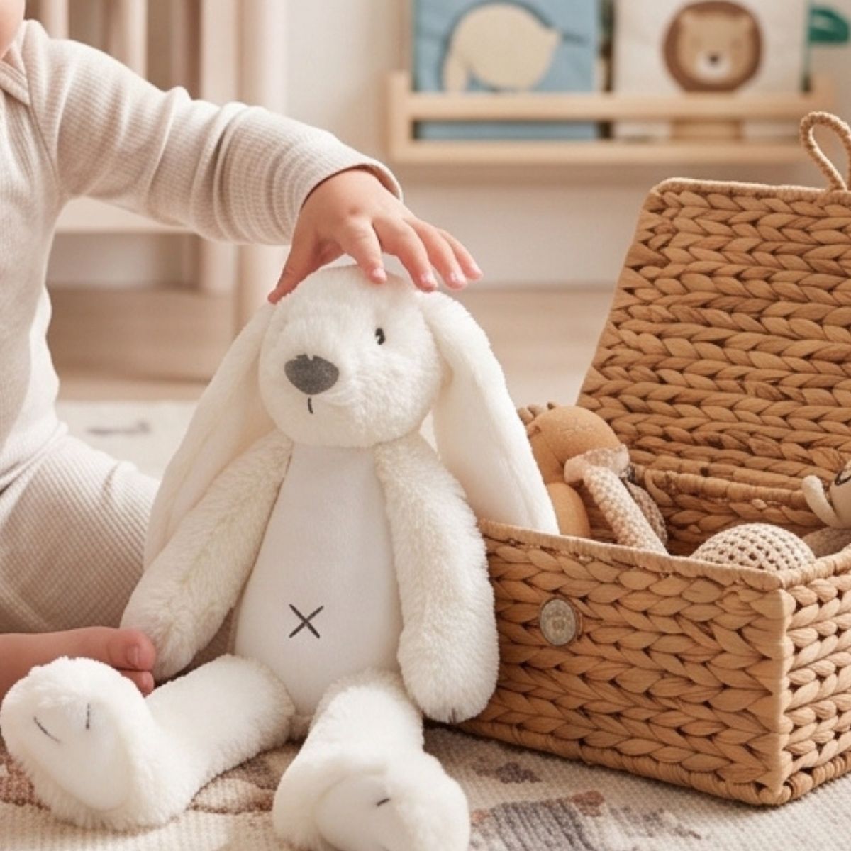 Lifestyle thumbnail showing Ivory Rabbit Richie plush sitting next to a nursery basket.
