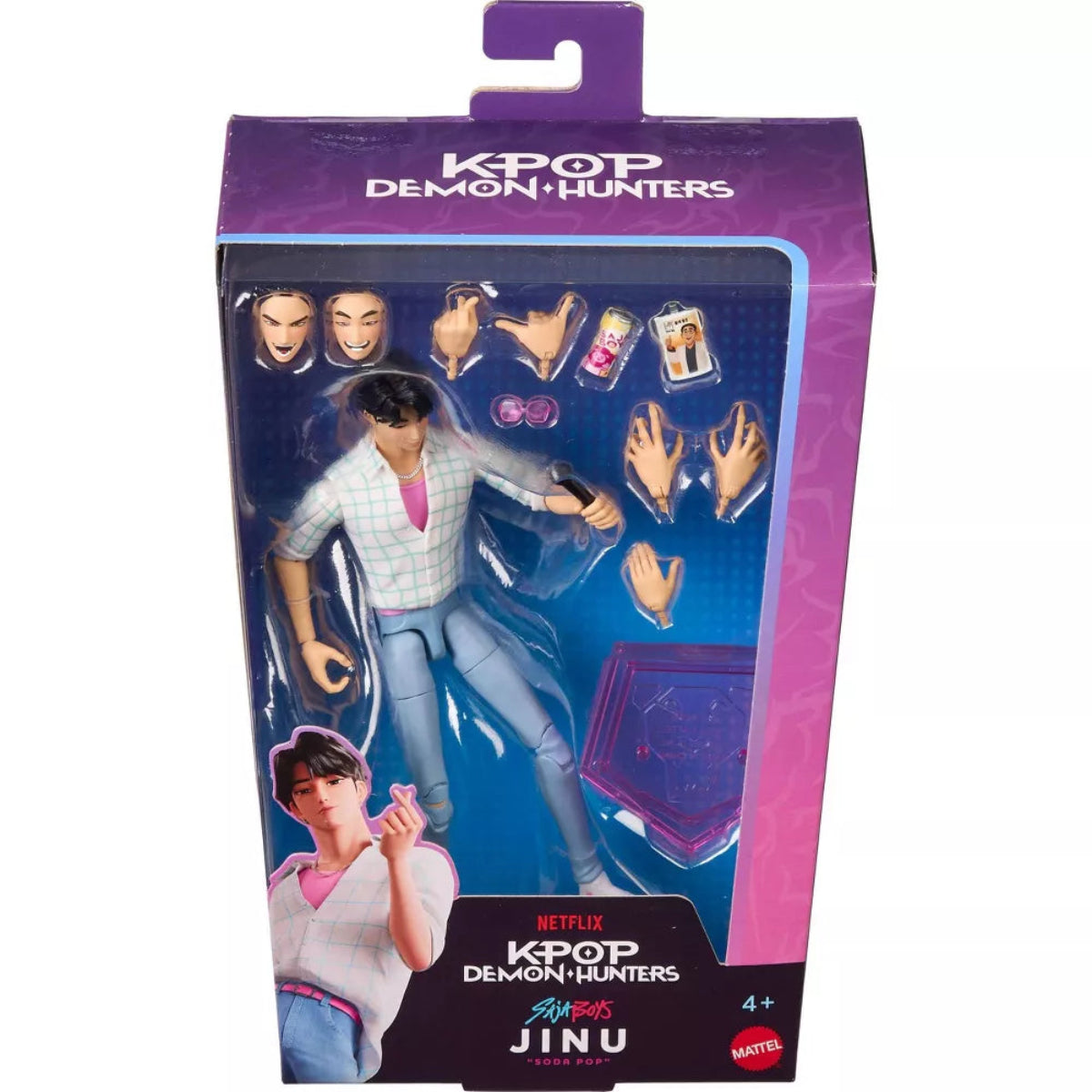 Front view of retail window box packaging for Mattel Kpop Demon Hunters SAJA BOYS Jinu 6-inch action figure.