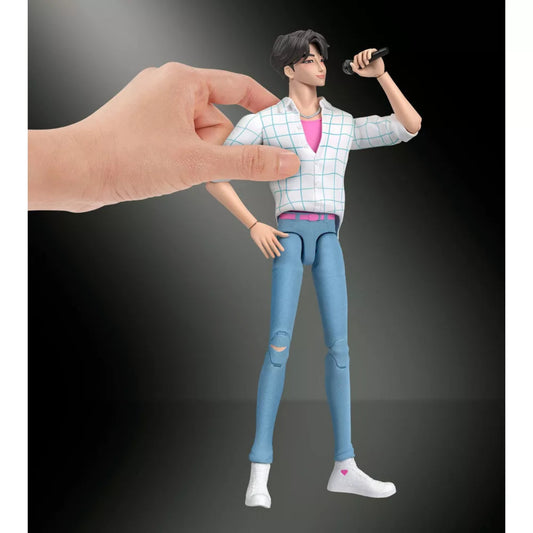 Hand posing Jinu 6-inch action figure holding microphone near his face.