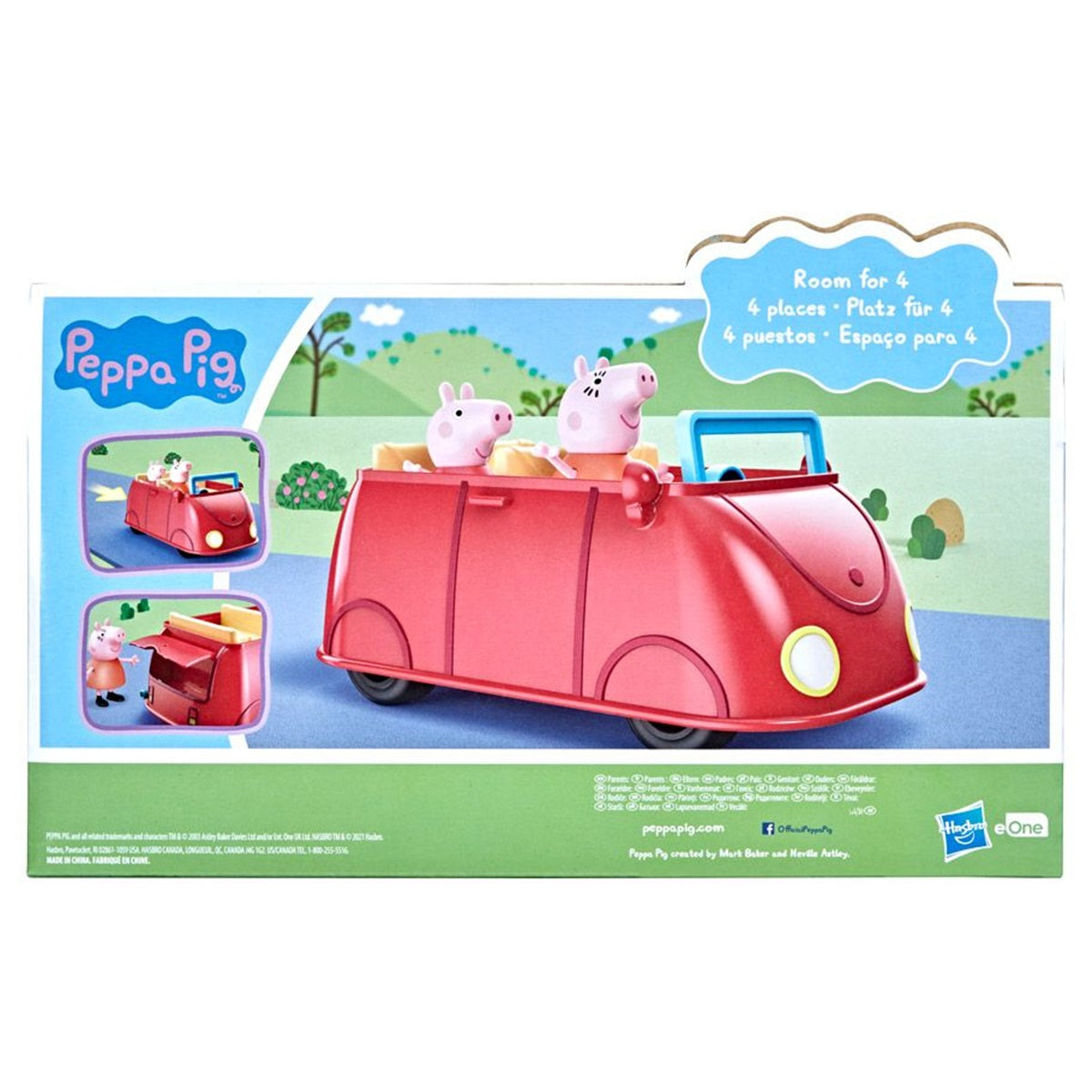 Back packaging thumbnail showing product features and figures for the Peppa Pig Family Red Car set.