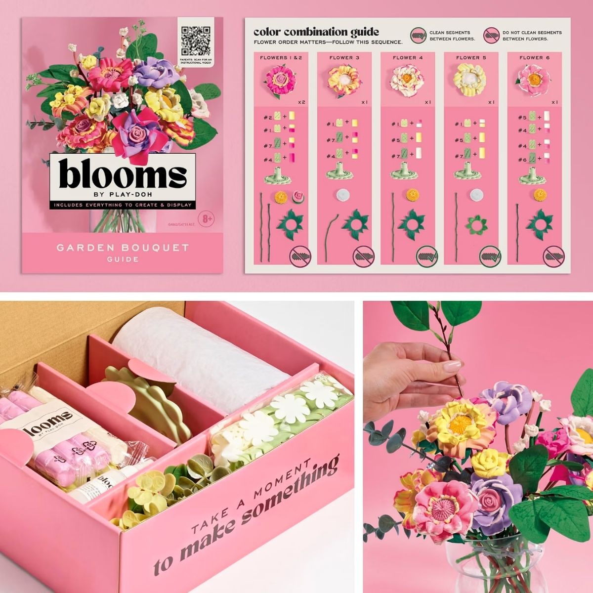 Unboxed kit contents showing 20 floral-scented pink and yellow compound sticks, tools, clear vase, and guide book.