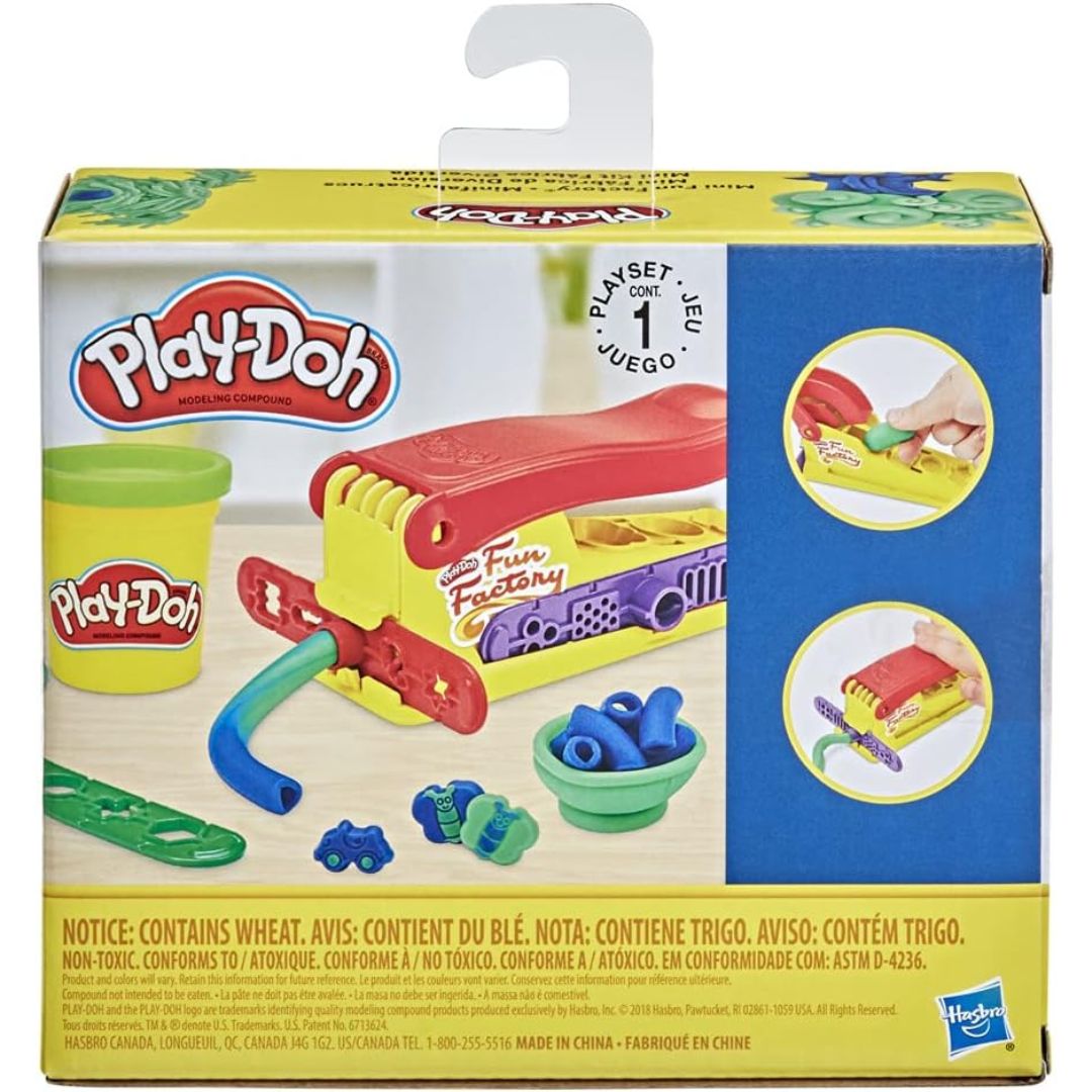 Back packaging thumbnail of the Play-Doh Mini Fun Factory set demonstrating how to insert rails and press down the lever.