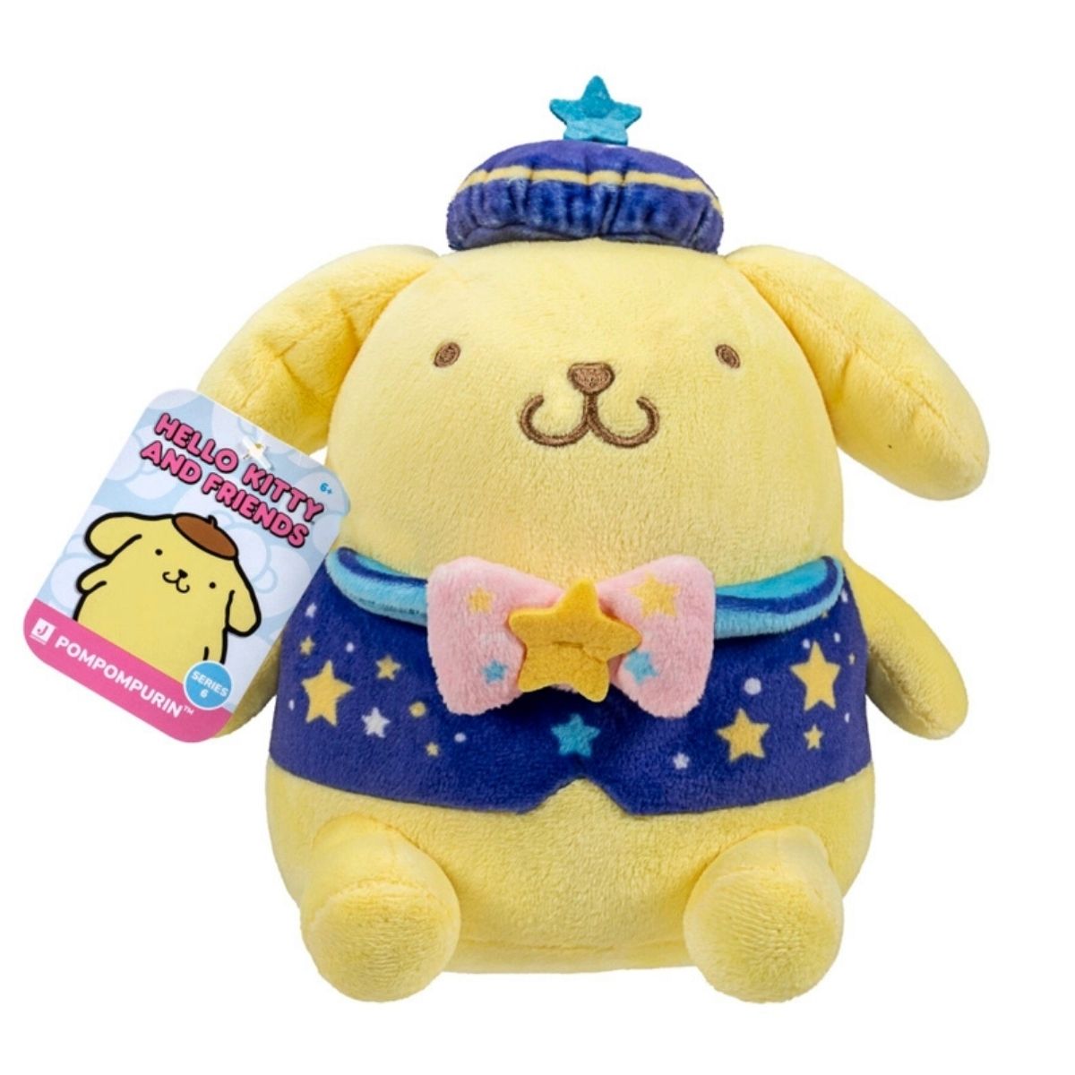 Dreamy Starlight Pompompurin 8-inch plush showing attached official Sanrio Hello Kitty and Friends product tag.