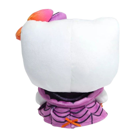 Back view thumbnail of Hello Kitty 8-inch plush showing white head and back of purple spiderweb dress.