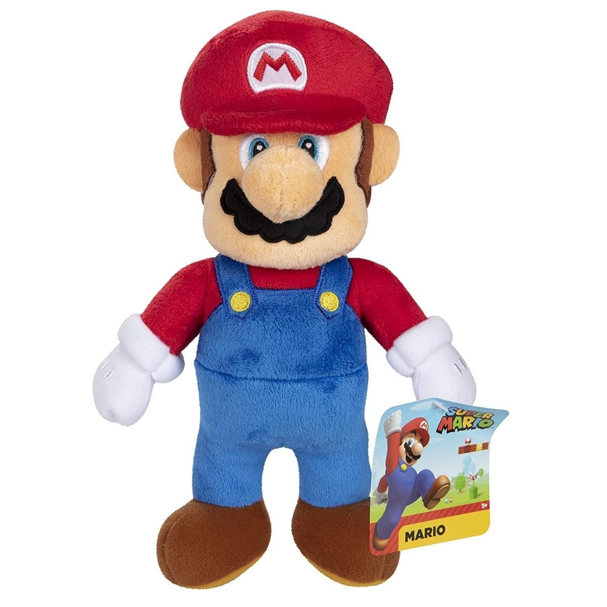 Super Mario 9-inch plush showing attached official Nintendo Super Mario product tag.