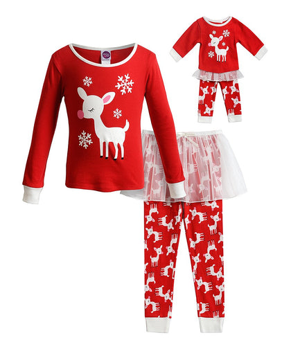 Dollie & Me Girls Size Red Holiday Reindeer Snug Fit Tutu Pajamas (SIZE 4)