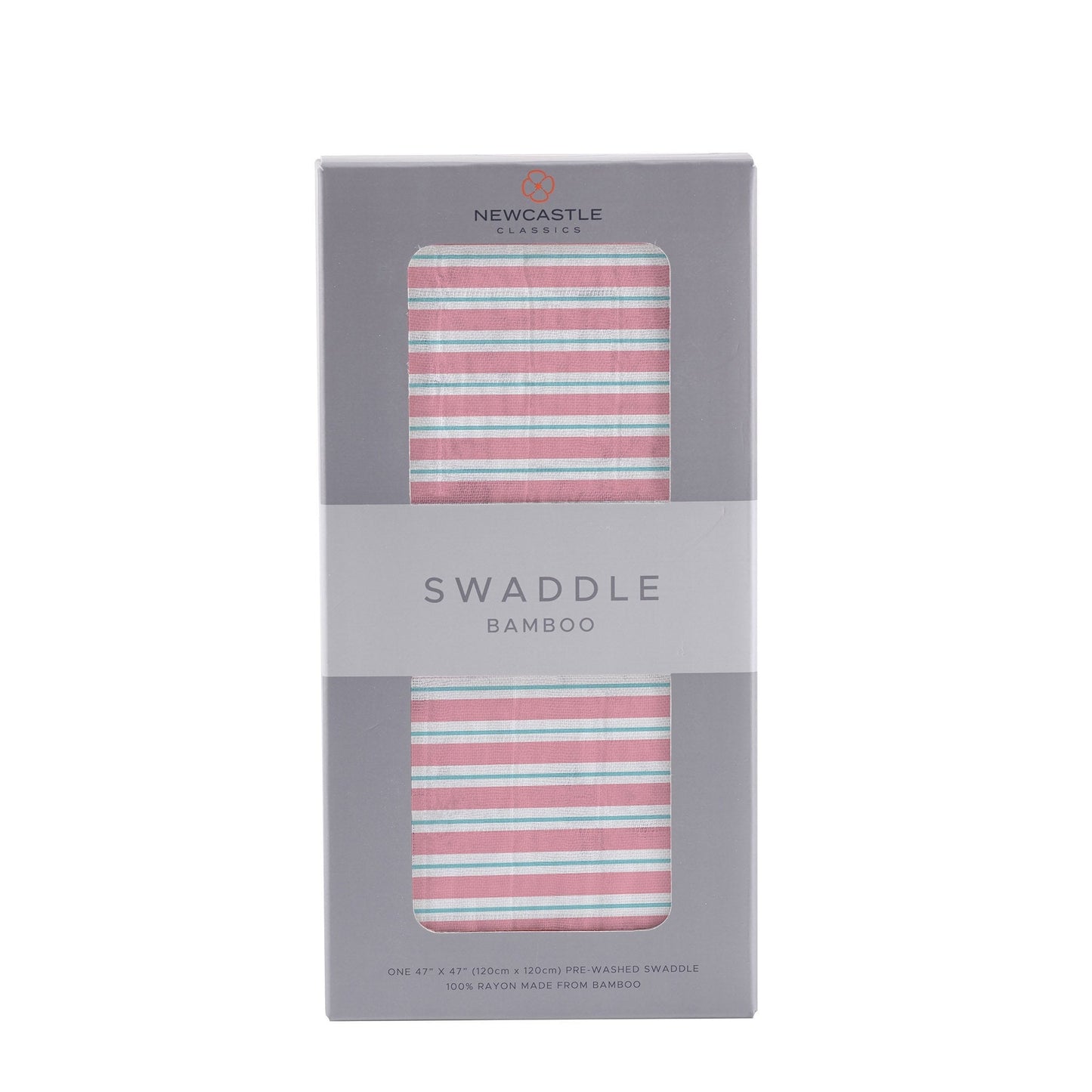 Retail window box packaging for the Newcastle Classics 100% soft bamboo swaddle in Candy Stripe.