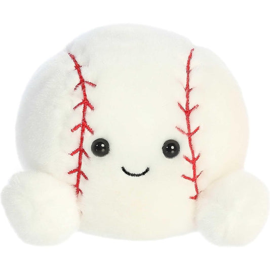 Front view of the Aurora Palm Pals 5-inch Slugger Baseball plush sitting upright, showing its white plush, red stitching, and sweet face.