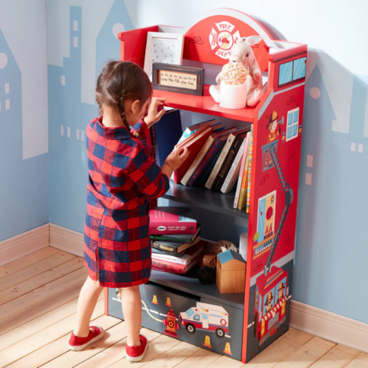 Teamson Kids Fantasy Fields Little Fire Fighters Bookshelf with Drawer, Red