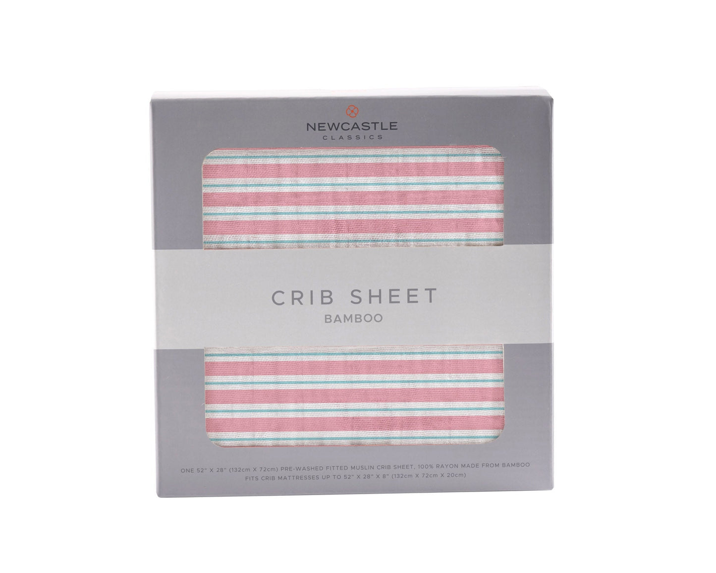 Front view of the retail packaging for the Newcastle Classics 100% natural bamboo crib sheet in Candy Stripe.