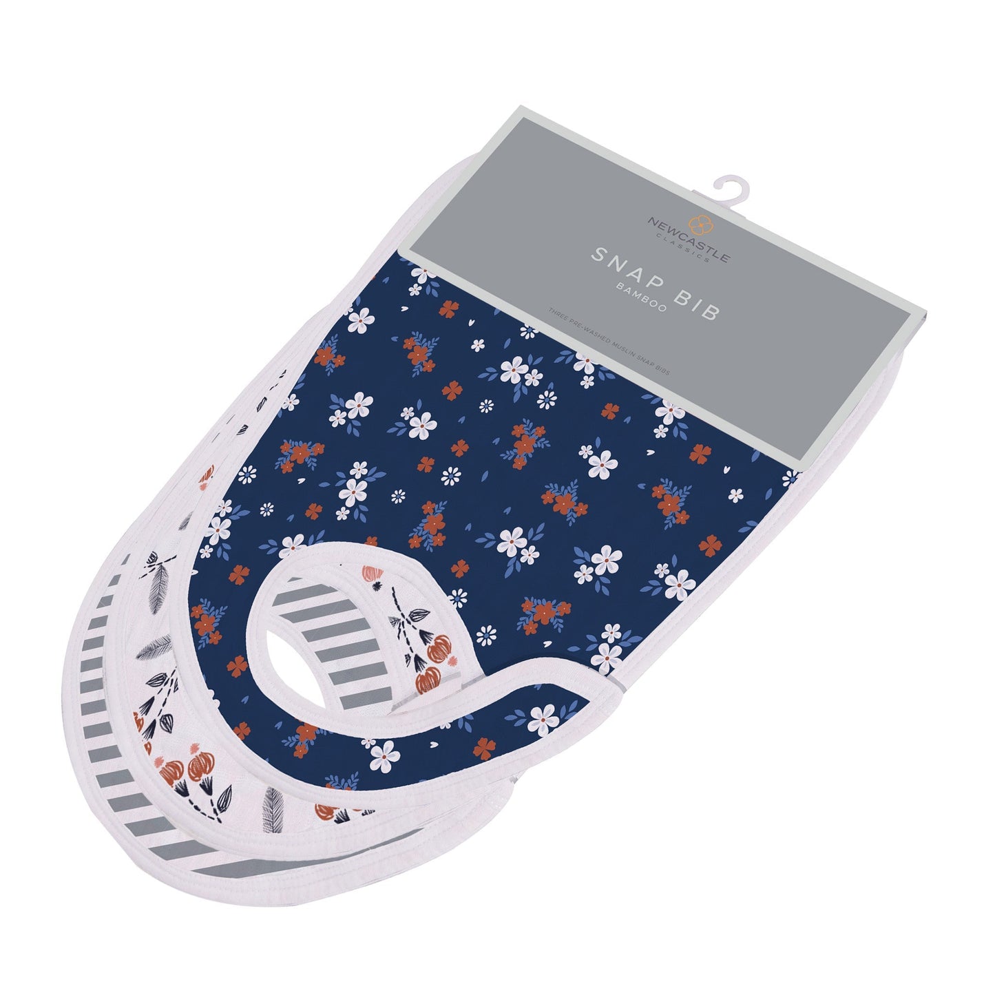 Retail header card packaging for the Newcastle Classics 3-pack bamboo snap bib set.