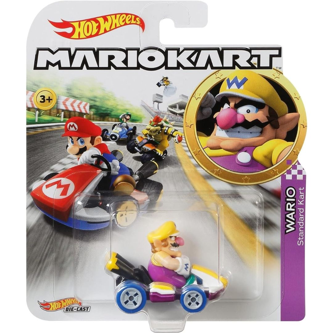 Mattel Hot Wheels Super Mario Kart Wario Standard Kart Vehicle Car, Scale 1:64